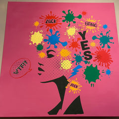 POP ART Leinwand gestrichen mit den POP ART Farben von Yellowchair. Hauptfarbe Fuchsia Nr. 75.