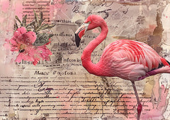 Flamingo Collage 2 Decoupage Papier mit Flamingo und Schrift im Hintergrund