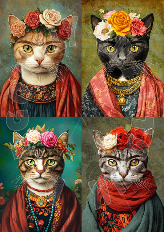 4 Katzenköpfe mit Blumen als Frida Kahlo Decoupage Papier