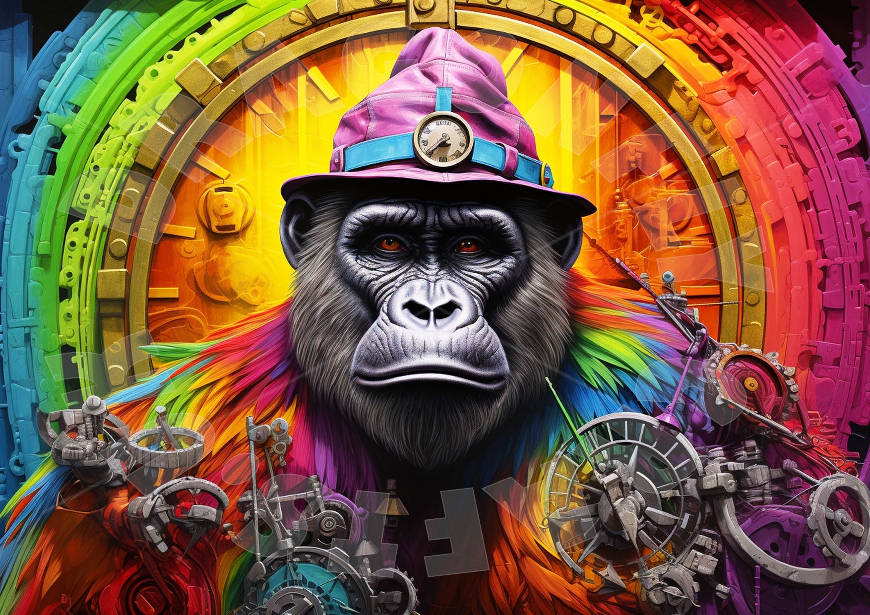 Gorilla mit Hut und Regenbogen im Hintergrund