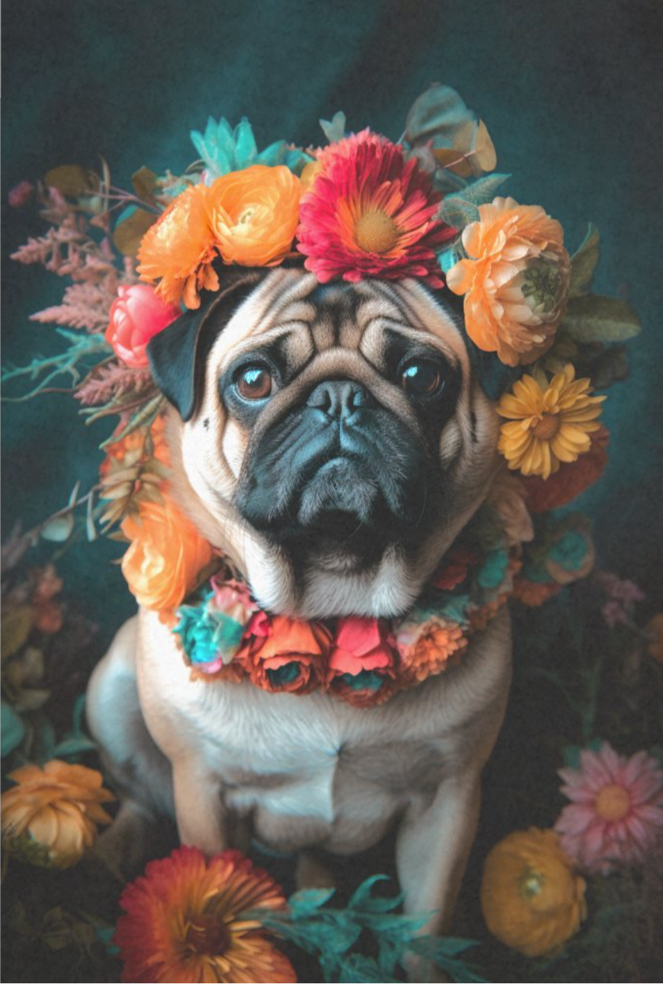 Mops mit Blumenkranz